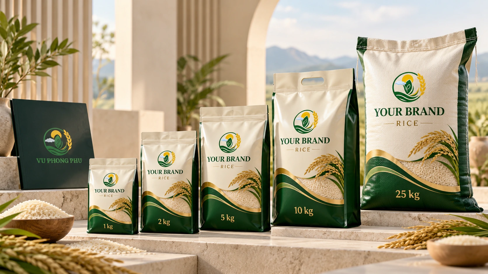 Vũ Phong Phú branded rice packaging sizes for retail and wholesale concept illustration