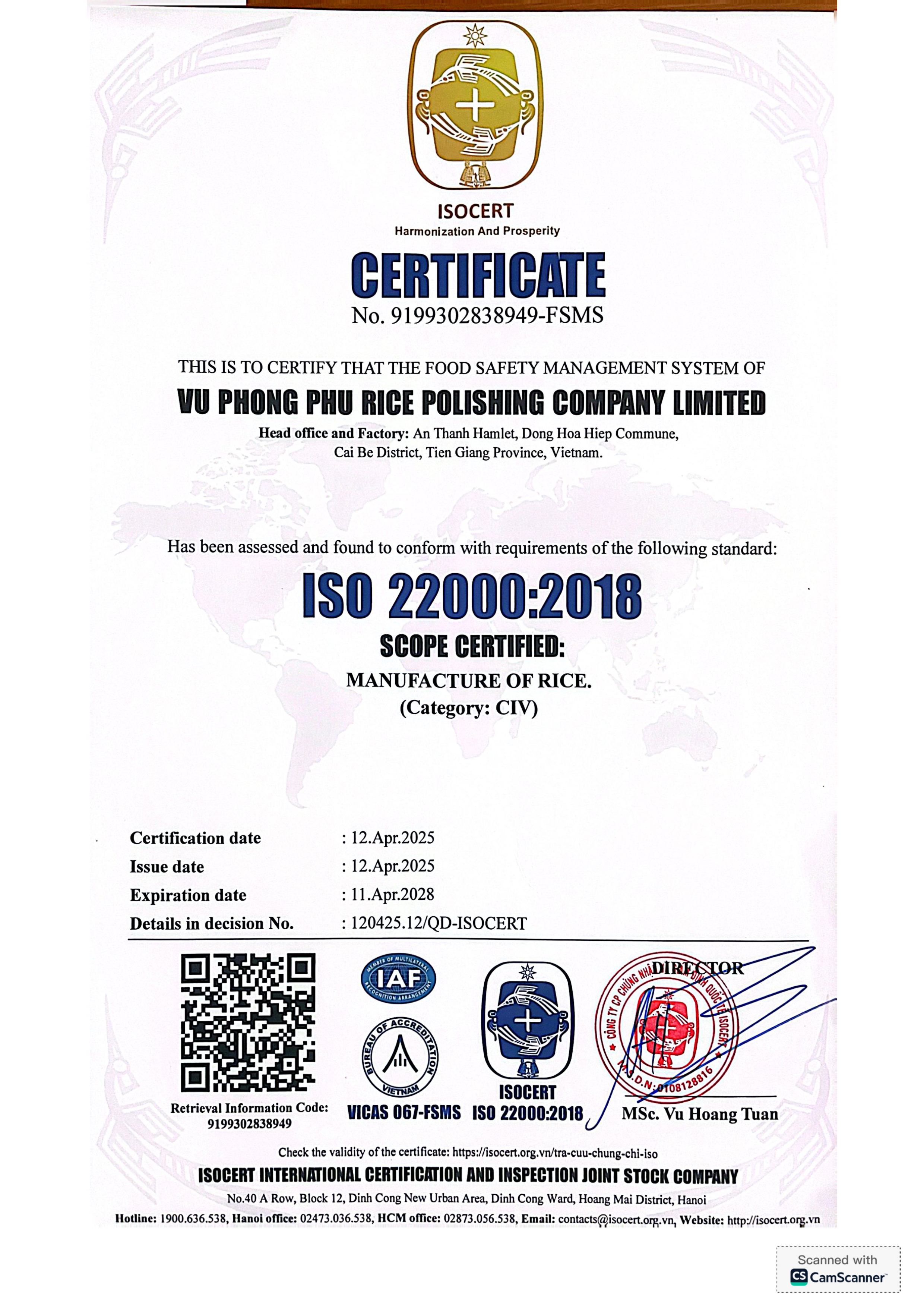 Vũ Phong Phú ISO 22000:2018 certificate