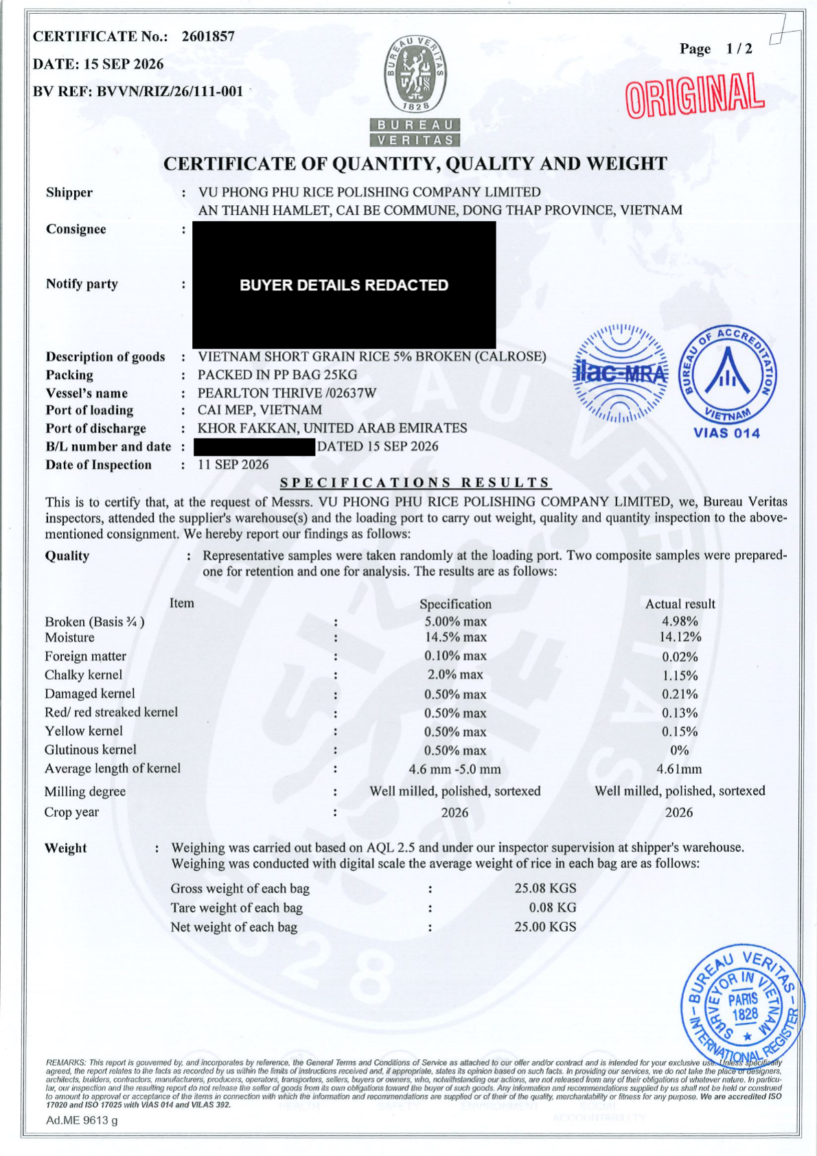 Redacted Bureau Veritas quantity, quality and weight certificate