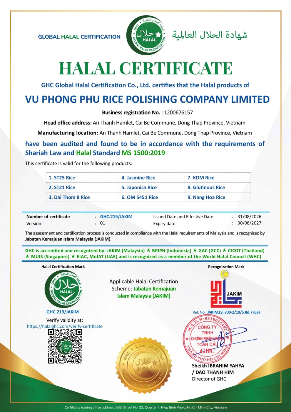 Vũ Phong Phú Halal certificate