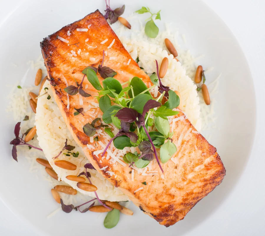 Salmon Rice Plate with Pine Nuts and Microgreens
