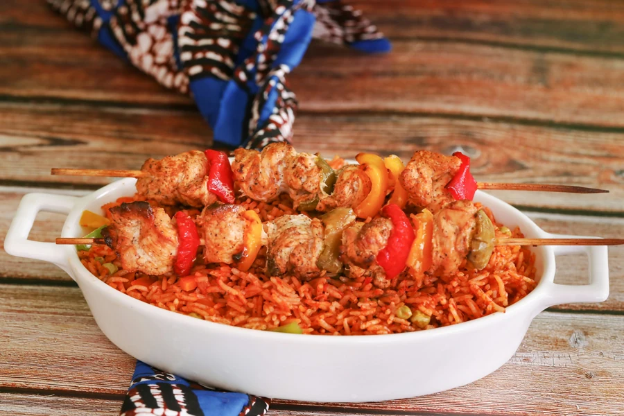 Tomato Jollof-Style Rice with Chicken Skewers